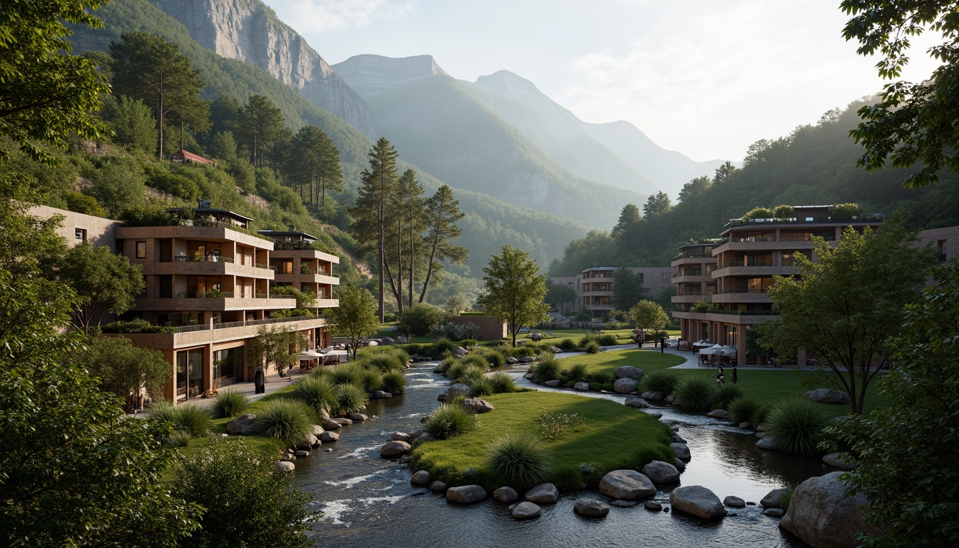 Prompt: Mountainous backdrop, lush green forests, meandering streams, rustic wooden bridges, natural stone walls, curved lines, earthy tones, eco-friendly materials, solar panels, green roofs, living walls, integrated water features, serene atmosphere, soft warm lighting, misty morning, shallow depth of field, 3/4 composition, panoramic view, realistic textures, ambient occlusion.