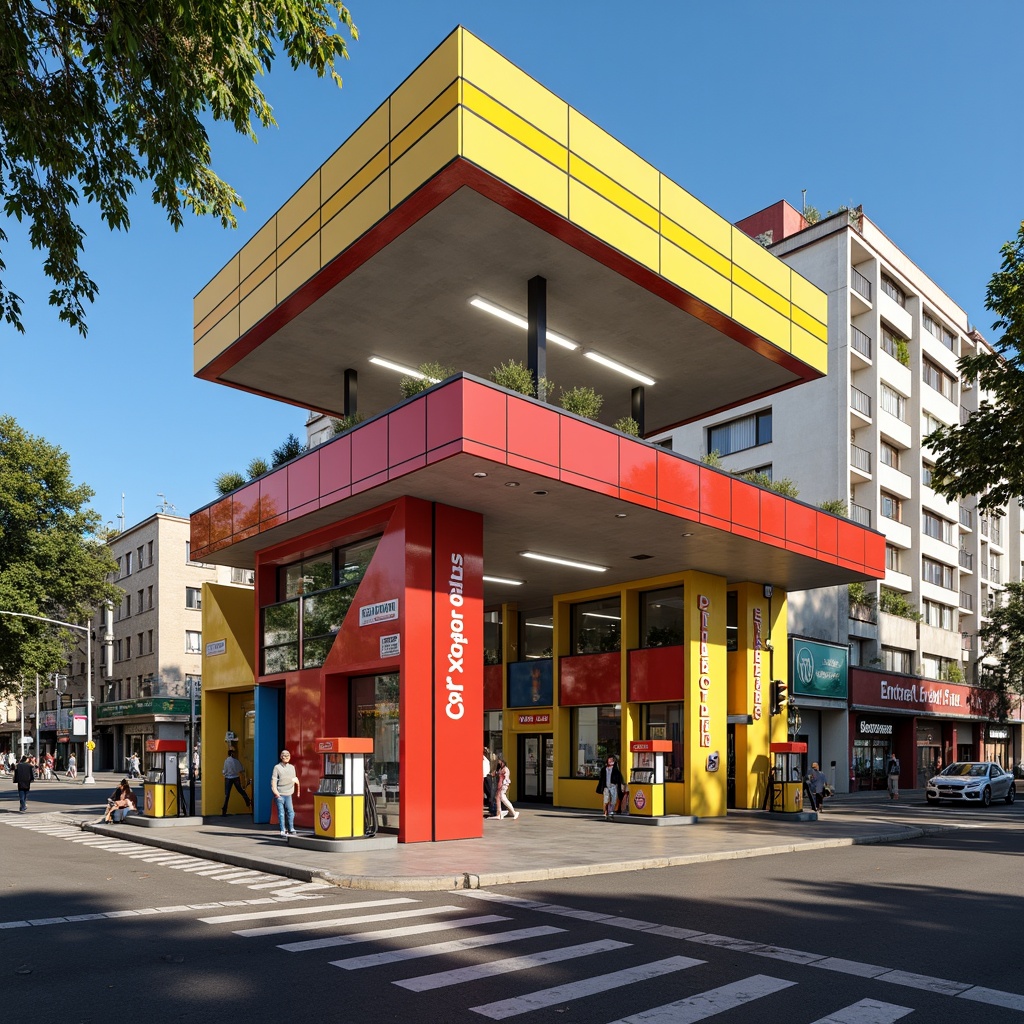 Prompt: Vibrant gas station, primary color scheme, bold typography, geometric shapes, industrial materials, steel beams, concrete walls, minimal ornamentation, functional design, angular lines, rectangular forms, dynamic lighting, neon signs, retro-futuristic ambiance, urban landscape, busy streets, modern cityscape, warm sunny day, shallow depth of field, 1/1 composition, symmetrical framing, high-contrast colors.