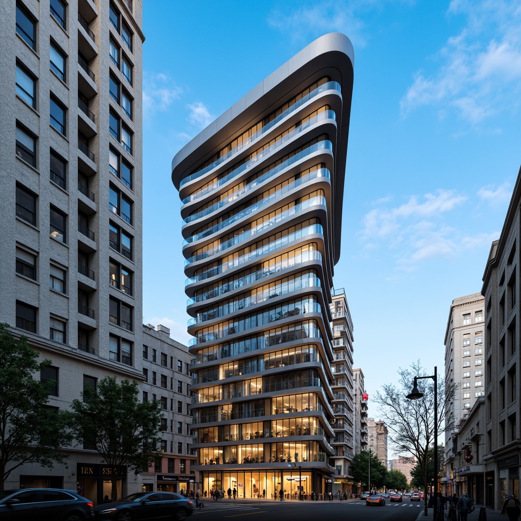 Prompt: Curved building silhouette, metallic materials, silver coatings, futuristic aesthetic, aerodynamic lines, minimalist ornamentation, cantilevered balconies, floor-to-ceiling glass windows, sliding doors, urban cityscape, busy streets, modern skyscrapers, cloudless blue sky, strong contrast lighting, low-angle photography, 1/2 composition, shallow depth of field, vibrant reflection highlights.