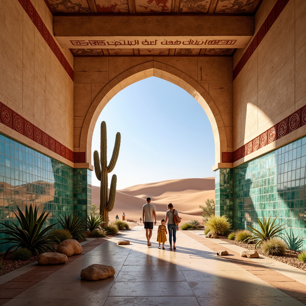 Prompt: Vibrant desert landscape, sandy dunes, cactus plants, warm sunny day, clear blue sky, modern metro station architecture, earthy tone color palette, terracotta red accents, sandy beige walls, turquoise glass mosaics, weathered steel beams, natural stone flooring, abstract geometric patterns, intricate Arabic-inspired motifs, ambient warm lighting, shallow depth of field, 3/4 composition, panoramic view, realistic textures, ambient occlusion.