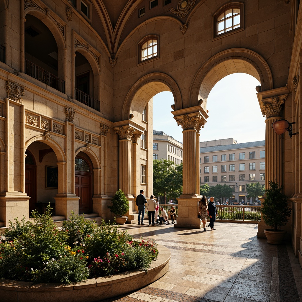 Prompt: Grandiose metro station, Romanesque arches, ornate stone carvings, lush greenery, vibrant flowers, natural stone walkways, intricate mosaics, warm golden lighting, shallow depth of field, 3/4 composition, panoramic view, realistic textures, ambient occlusion, urban cityscape, bustling streets, modern transportation hub, sleek metal railings, grand entrance halls, high ceilings, ornate chandeliers, classic European-inspired design, sophisticated urban atmosphere.