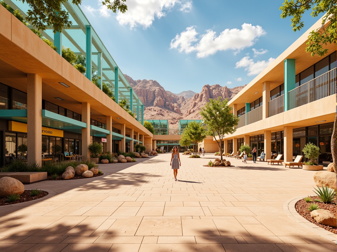 Prompt: Vibrant desert metro station, warm sandy beige walls, turquoise accents, earthy terracotta floors, metallic silver railings, sun-kissed glass roofs, natural rock formations, cactus-inspired sculptures, bright yellow signage, soft warm lighting, shallow depth of field, 1/2 composition, realistic textures, ambient occlusion, arid landscape views, vast open spaces, modern futuristic architecture, sleek concrete columns, minimalist design, innovative cooling systems, shaded outdoor waiting areas.