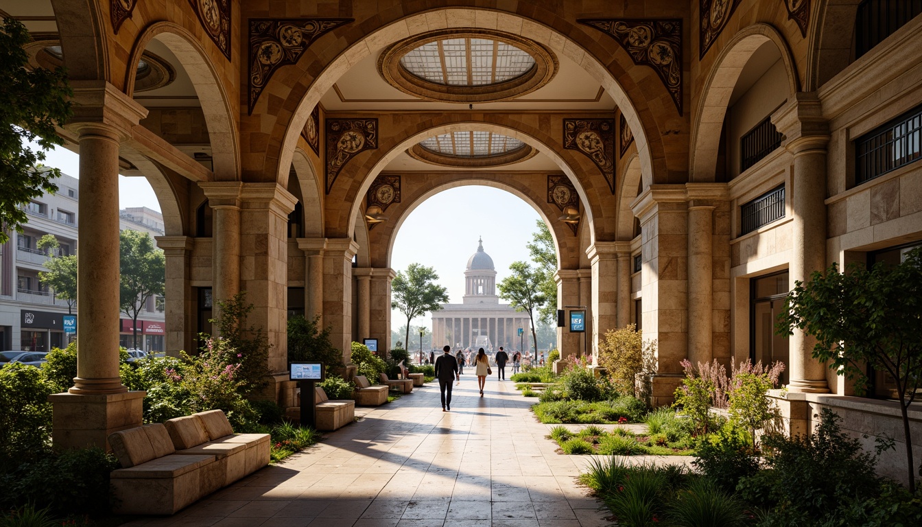 Prompt: Ancient Roman-inspired metro station, grand archways, ornate columns, rustic stone walls, lush greenery, vibrant flowers, majestic fountains, intricate mosaics, warm golden lighting, shallow depth of field, 3/4 composition, panoramic view, realistic textures, ambient occlusion, urban cityscape, bustling streets, modern transportation hub, sleek metal accents, elegant signage, refined pedestrian walkways, ornate benches, historic landmark feel.