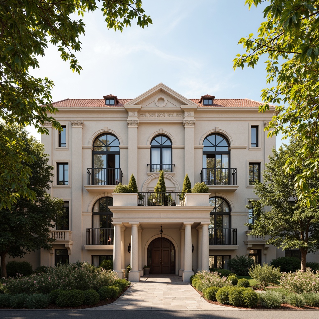 Prompt: Elegant social housing complex, classicism style, symmetrical facade, ornate decorations, grand entrance, columns, arches, balconies, intricate stonework, neutral color palette, beige walls, white accents, red roof tiles, lush greenery, urban landscape, sunny day, soft warm lighting, shallow depth of field, 3/4 composition, realistic textures, ambient occlusion.