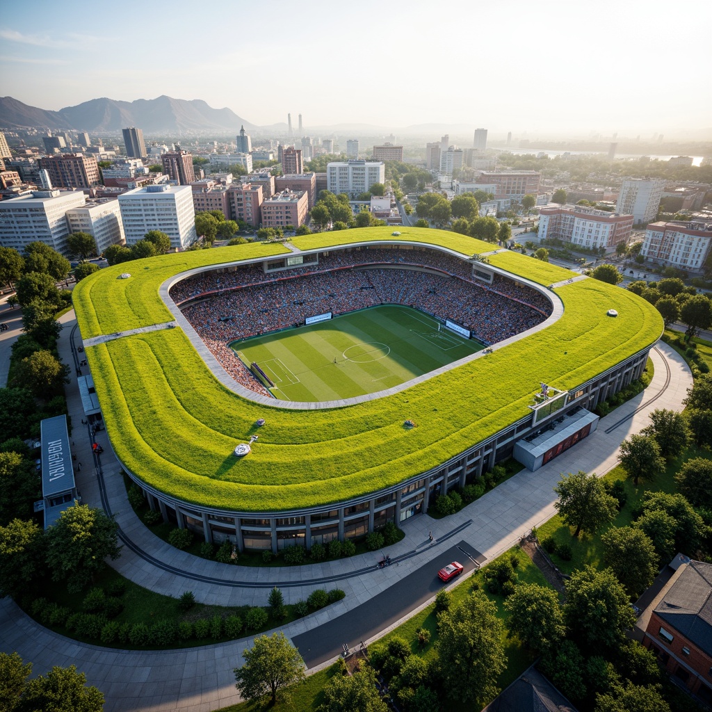 Prompt: Panoramic stadium architecture, lush green roofs, integrated landscape design, natural stone fa\u00e7ades, curved lines, modern minimalist style, sleek metal structures, transparent glass walls, abundant natural light, vibrant sports atmosphere, dynamic crowd scenes, sun-drenched day, soft warm lighting, shallow depth of field, 3/4 composition, realistic textures, ambient occlusion, eco-friendly materials, sustainable energy solutions, rainwater harvesting systems, green roofs, innovative cooling technologies, shaded outdoor spaces, misting systems.