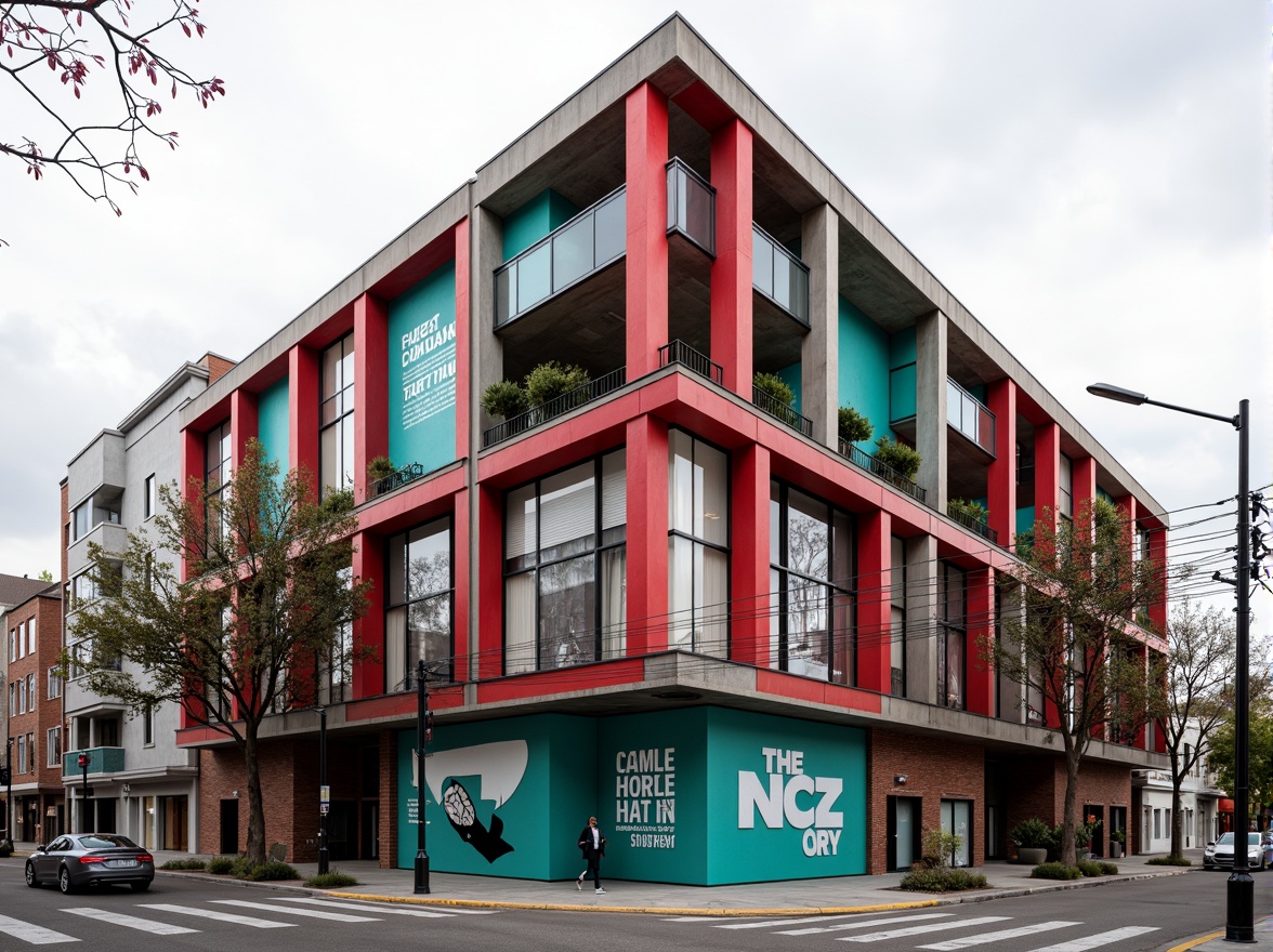 Prompt: Geometric facade, bold red accents, industrial steel beams, exposed brick walls, angular columns, cantilevered roofs, asymmetrical composition, dynamic shapes, vibrant turquoise highlights, educational signage, modernist typography, abstract murals, textured concrete surfaces, brutalist architecture, urban context, overcast sky, dramatic shadows, high-contrast lighting, 2/3 composition, wide-angle lens, realistic rendering.