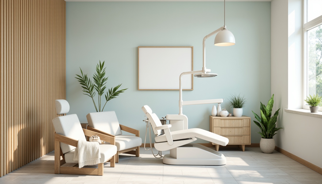 Prompt: Calming dental clinic atmosphere, soft pastel colors, creamy whites, gentle blues, soothing greens, warm beige tones, natural wood accents, subtle patterns, minimal decor, clean lines, modern furniture, gentle lighting, ambient shadows, shallow depth of field, 1/1 composition, realistic textures, serene ambiance.