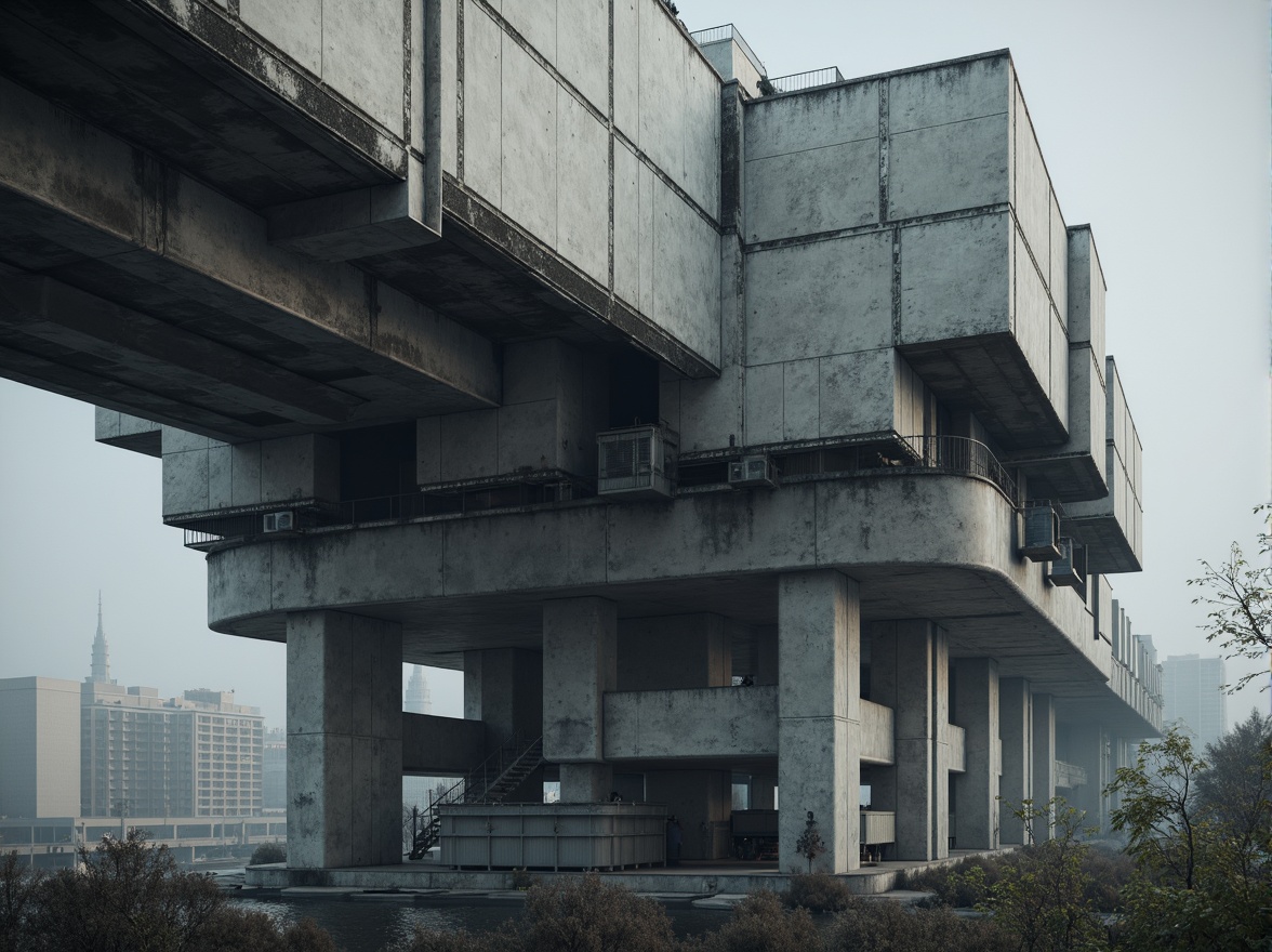 Prompt: Rugged bridge structure, exposed concrete formwork, brutalist architecture, industrial aesthetic, reinforced steel beams, raw unfinished surfaces, geometric shapes, angular lines, monolithic piers, cantilevered sections, urban cityscape, misty atmosphere, dramatic lighting, shallow depth of field, 2/3 composition, realistic textures, ambient occlusion.