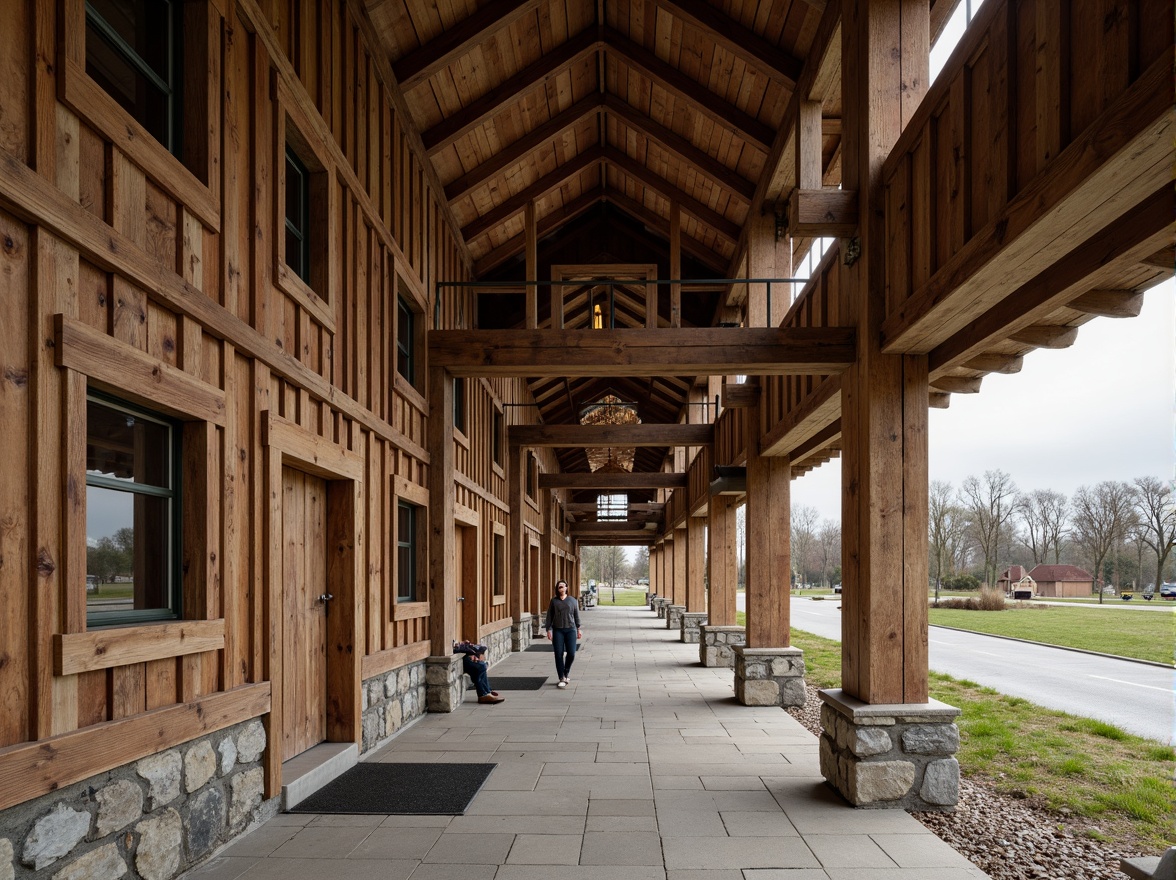 Prompt: Rustic barns, wooden beams, exposed trusses, metal accents, natural stone foundations, weathered wood textures, earthy color palette, symmetrical facades, gabled roofs, wooden shutters, country roads, rural landscapes, overcast skies, warm soft lighting, shallow depth of field, 1/2 composition, realistic materials, ambient occlusion.