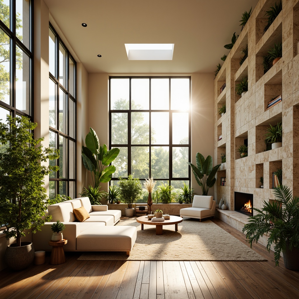 Prompt: Vibrant living room, floor-to-ceiling windows, natural stone walls, wooden flooring, plush greenery, warm sunlight, soft shadows, cozy reading nooks, minimalist decor, modern furniture, ambient lighting, indirect illumination, clerestory windows, skylights, solar tubes, reflective surfaces, creamy color palette, warm beige tones, organic textures, airy atmosphere, relaxed ambiance, 1/1 composition, shallow depth of field, realistic rendering.