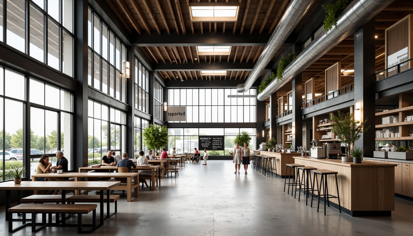 Prompt: Open-plan market hall, minimalist aesthetic, industrial chic, exposed ductwork, polished concrete floors, reclaimed wood accents, steel beams, natural light pouring, floor-to-ceiling windows, simple color palette, monochromatic tones, clean lines, geometric shapes, functional furniture, multi-functional spaces, adaptive reuse, modern signage, warm ambiance, cozy nooks, soft indirect lighting, 1/1 composition, shallow depth of field, realistic textures, ambient occlusion.