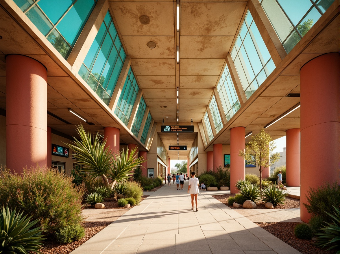 Prompt: \Desert oasis metro station, sandy beige walls, terracotta red columns, turquoise glass accents, vibrant cactus greenery, warm golden lighting, rustic metal textures, organic sandstone patterns, modern minimalist architecture, sleek silver rails, futuristic LED displays, shallow depth of field, 3/4 composition, panoramic view, realistic ambient occlusion.\