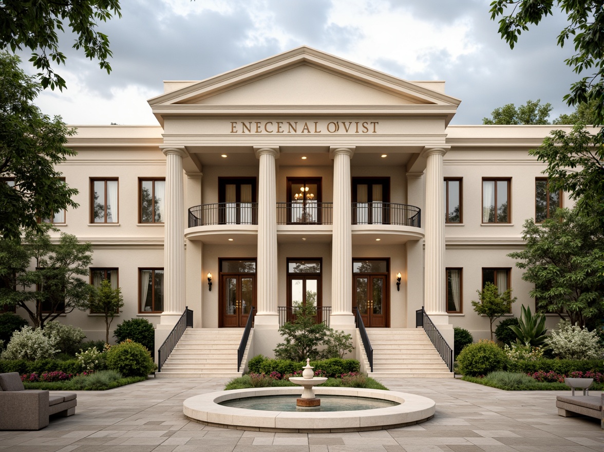 Prompt: Elegant courthouse facade, subtle beige stone walls, ornate Corinthian columns, sweeping grand staircases, polished dark wood accents, refined gold leaf detailing, sophisticated neutral color palette, cream-colored marble floors, soft warm natural lighting, shallow depth of field, 2/3 composition, symmetrical architecture, imposing entrance gates, lush green courtyard, vibrant flower arrangements, serene fountain features, dramatic cloudy skies, realistic textures, ambient occlusion.