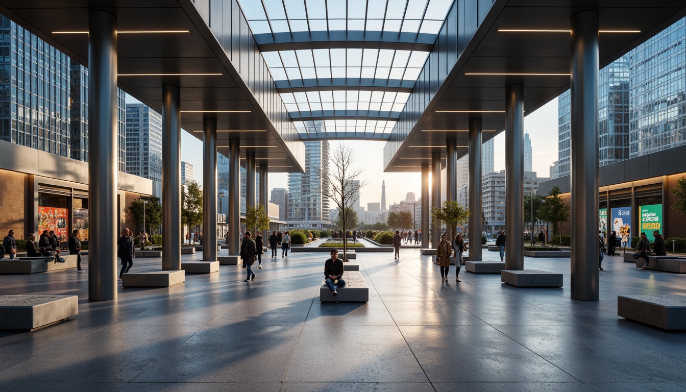 Prompt: Polished steel columns, gleaming glass roofs, terrazzo flooring, matte aluminum walls, LED lighting strips, futuristic signage, minimalist benches, sleek information displays, urban cityscape views, morning rush hour atmosphere, soft warm lighting, shallow depth of field, 1/1 composition, symmetrical architecture, modern industrial design, metallic accents, abstract geometric patterns, bold color schemes.