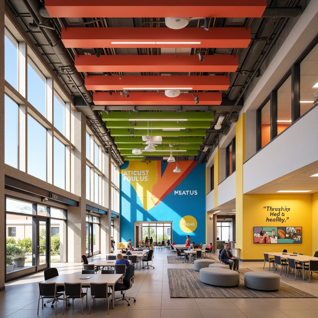 Prompt: Vibrant high school building, bold color blocking, geometric shapes, abstract murals, inspirational quotes, collaborative learning spaces, open floor plans, natural light pouring in, minimalist furniture, industrial chic materials, exposed ductwork, dynamic ceiling installations, stimulating coral hues, calming blue accents, energizing yellow tones, neutral beige backgrounds, futuristic LED lighting, 3D visual interest, fragmented composition, symmetrical balance, contrasting textures, realistic renderings, ambient occlusion.