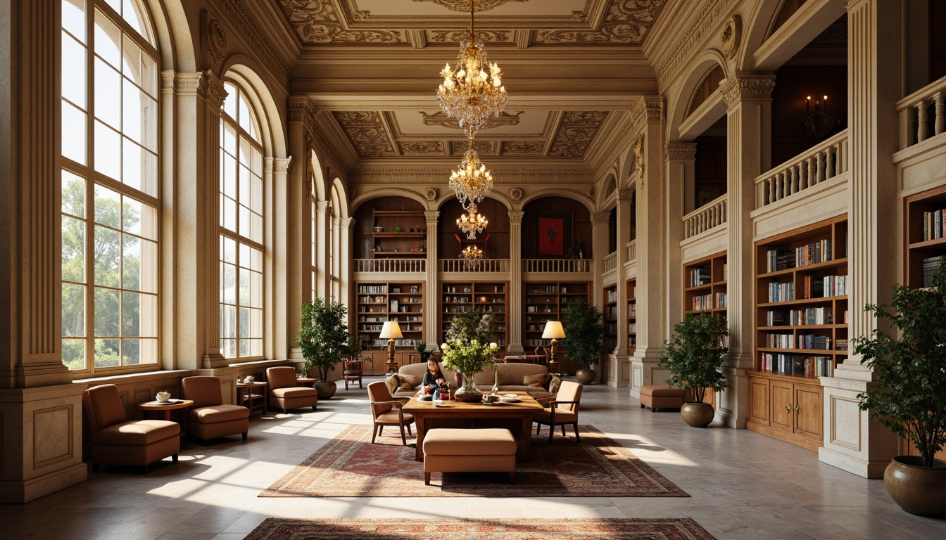 Prompt: Elegant neoclassical library, ornate columns, intricate moldings, lavish chandeliers, rich wood tones, leather-bound books, luxurious fabrics, subtle warm lighting, soft beige walls, creamy marble floors, ornamental ceilings, gilded accents, classic furniture pieces, sophisticated atmosphere, muted earthy colors, sepia-toned bookshelves, vintage rugs, traditional architectural details, 1/2 composition, natural ambient lighting, realistic textures, high-contrast shading.