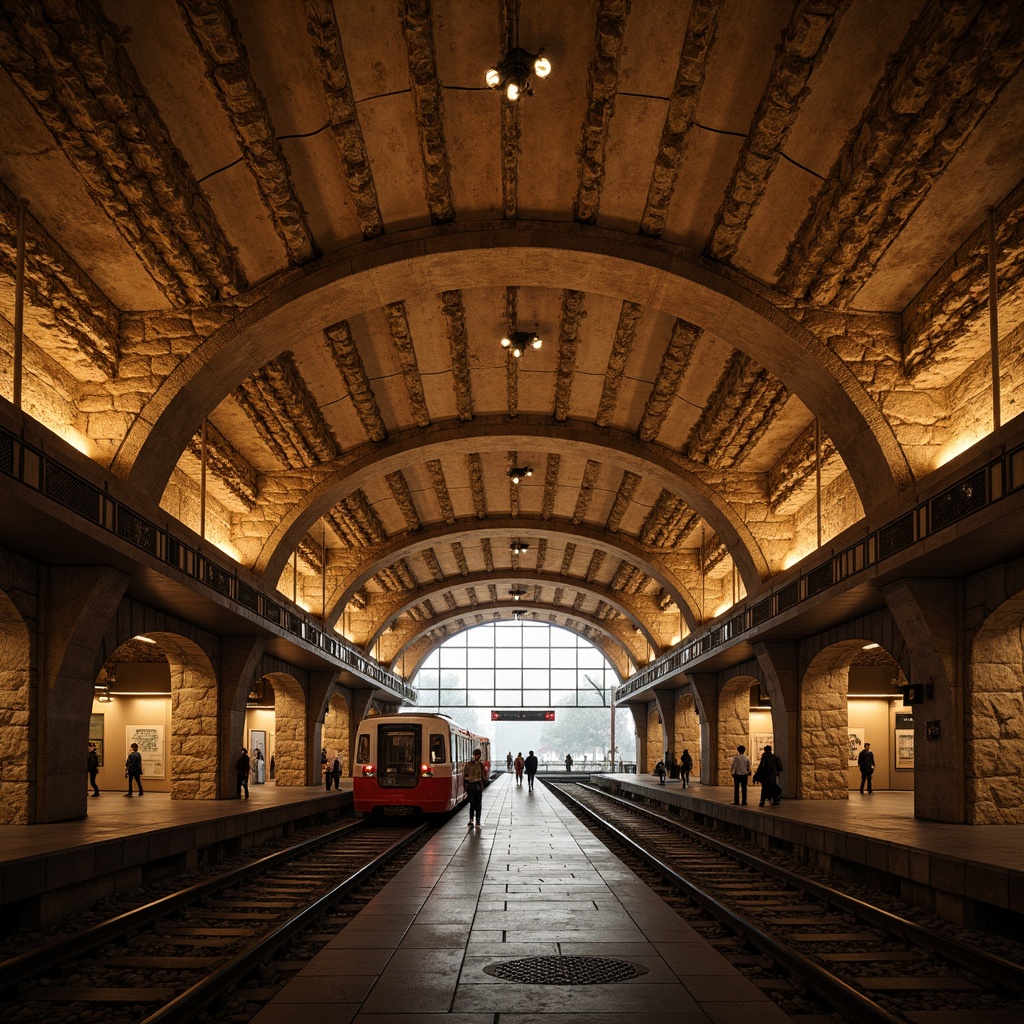 Prompt: Rustic underground metro station, Romanesque style architecture, rough-hewn stone walls, vaulted ceilings, grand archways, ornate carvings, sturdy columns, intricate masonry patterns, warm golden lighting, atmospheric ambiance, busy pedestrian traffic, modern urban infrastructure, sleek trains, industrial metal beams, distressed concrete textures, realistic weathering effects, shallow depth of field, 1/1 composition, symmetrical framing, warm color palette.