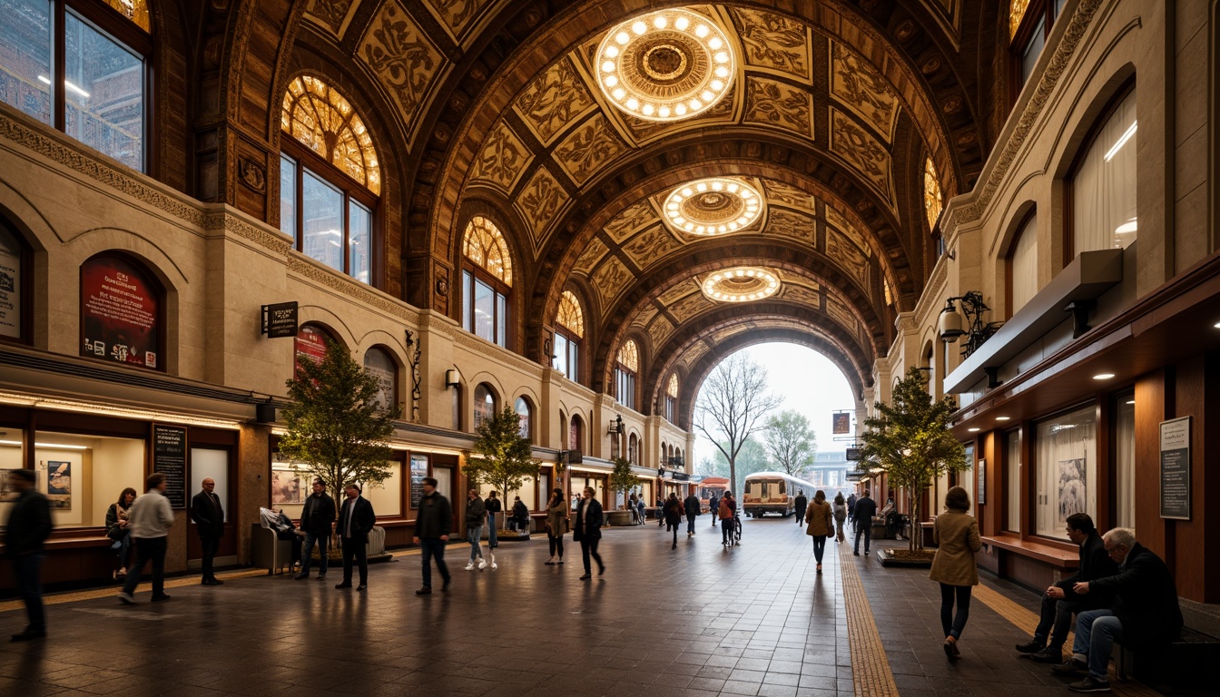 Prompt: Grandiose metro station, Romanesque archways, vaulted ceilings, ornate stone carvings, intricate mosaics, majestic columns, warm golden lighting, bustling pedestrian traffic, sleek modern trains, futuristic rail systems, urban cityscape, morning commute, shallow depth of field, 1/2 composition, high-contrast shadows, realistic textures, ambient occlusion.