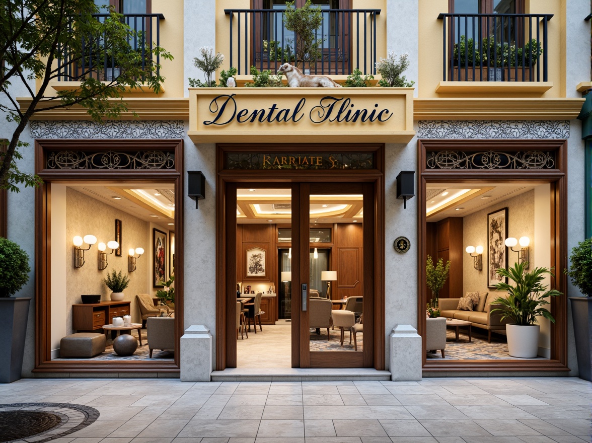 Prompt: Vibrant dental clinic facade, eclectic mix of Victorian and Art Deco styles, ornate details, intricate moldings, bold color schemes, contrasting textures, patterned tiles, ornamental metalwork, grand entrance doors, large windows with decorative frames, soft natural lighting, warm beige tones, rich wood accents, luxurious marble floors, modern amenities, state-of-the-art equipment, comfortable waiting areas, calming ambiance, 1/2 composition, shallow depth of field, realistic renderings.