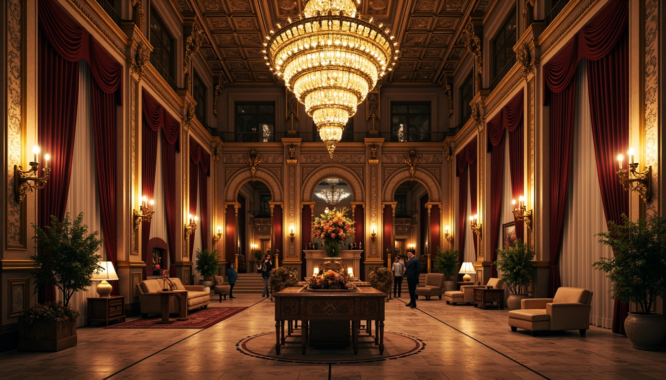 Prompt: Grand chandelier, ornate mirrors, lavish furnishings, intricate wood carvings, gilded frames, velvet drapes, marble floors, high ceilings, dramatic archways, sweeping staircases, rich tapestries, golden accents, luxurious fabrics, regal atmosphere, warm candlelight, soft focus, shallow depth of field, 1/1 composition, symmetrical framing, opulent textures, detailed normal maps.