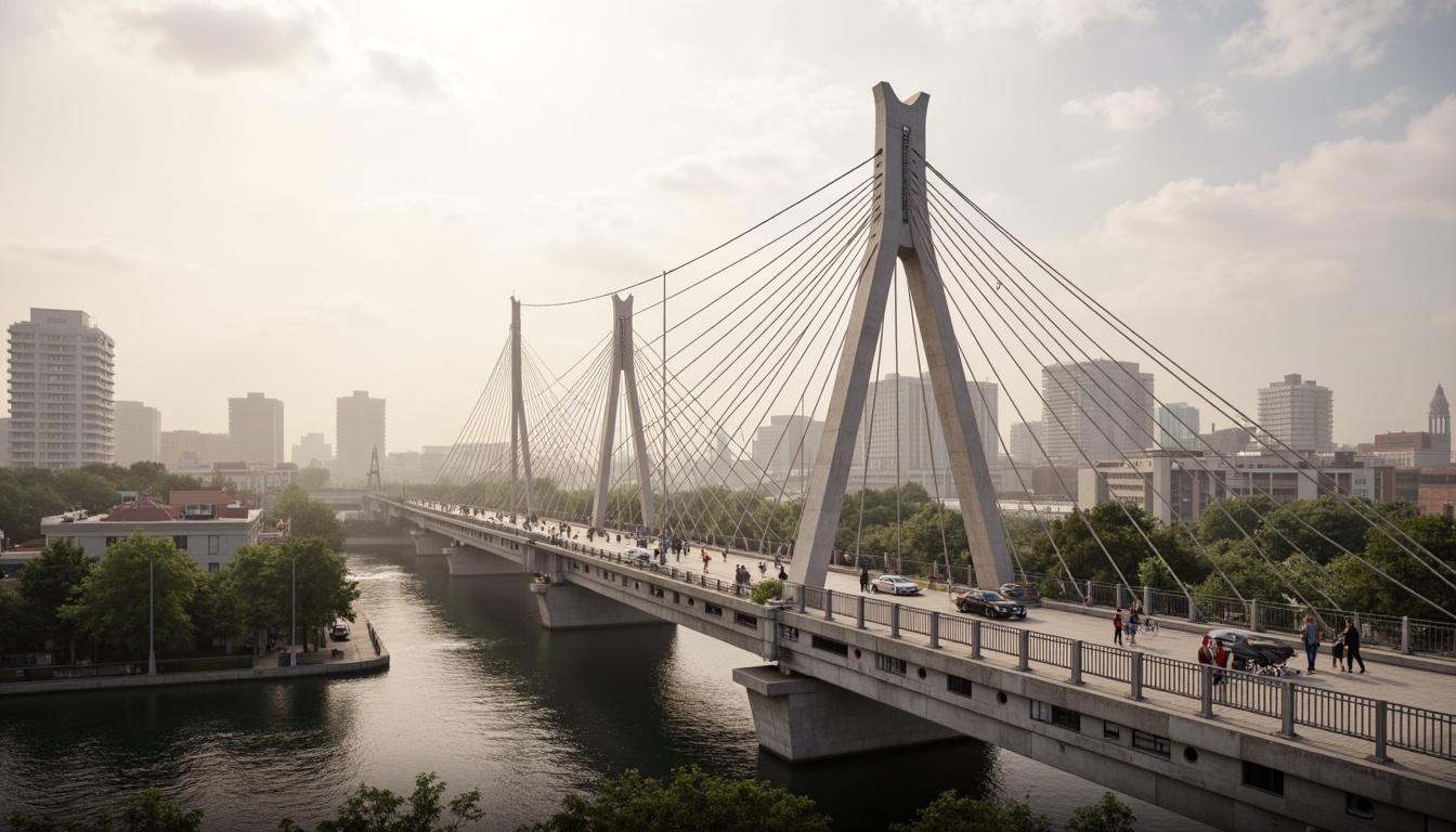 Prompt: Streamlined bridge structure, symmetrical arches, steel cables, suspension towers, urban cityscape, misty morning atmosphere, soft warm lighting, 1/2 composition, realistic reflections, ambient occlusion; Modern materials, high-strength concrete, rust-resistant steel, durable railings, pedestrian walkways, bike lanes, vehicular traffic flow, efficient drainage systems, sustainable construction methods, eco-friendly maintenance practices.