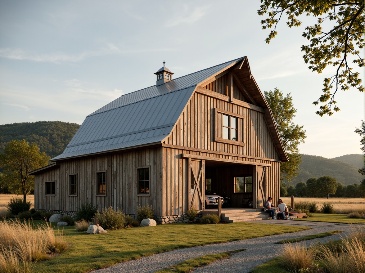 Prompt: Rustic barn, weathered wood, earthy tones, natural textures, vintage metal roofs, wooden beams, stone foundations, rural landscape, rolling hills, green pastures, sunny afternoon, soft warm lighting, shallow depth of field, 3/4 composition, panoramic view, realistic textures, ambient occlusion, muted color palette, beige and brown hues, pops of red and blue accents, distressed finishes, organic forms, simple yet elegant design.