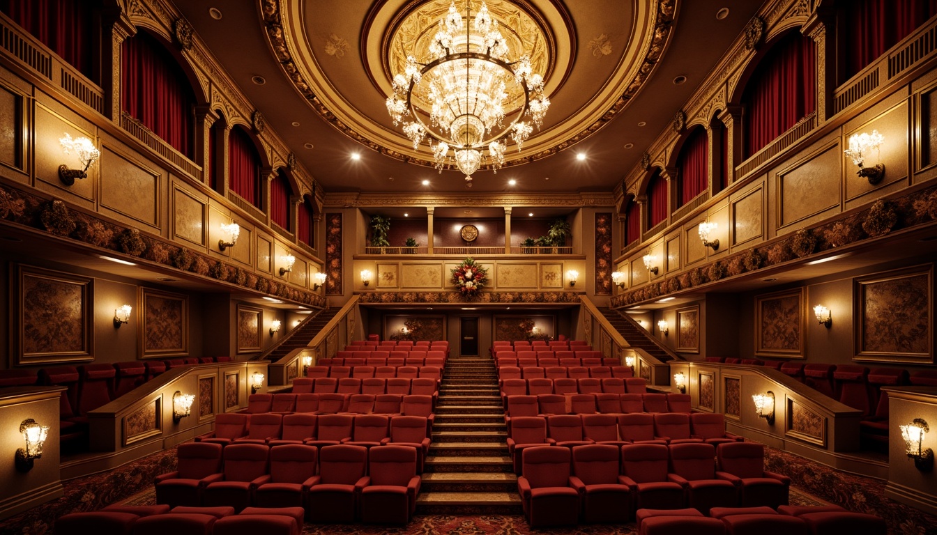 Prompt: Intricate cinema interior, ornate details, flowing curves, golden accents, luxurious fabrics, velvet drapes, grand staircases, sweeping arches, lavish chandeliers, ornamental mirrors, gilded frames, intricate moldings, soft warm lighting, shallow depth of field, 1/1 composition, cinematic view, realistic textures, ambient occlusion.