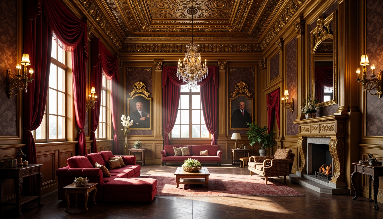 Prompt: Ornate palace interior, lavish furnishings, intricately carved wooden furniture, gilded accents, velvet drapes, crystal chandeliers, ornamental mirrors, marble floors, luxurious textiles, rich jewel tones, golden lighting, dramatic shadows, 1/1 composition, soft focus, atmospheric perspective.