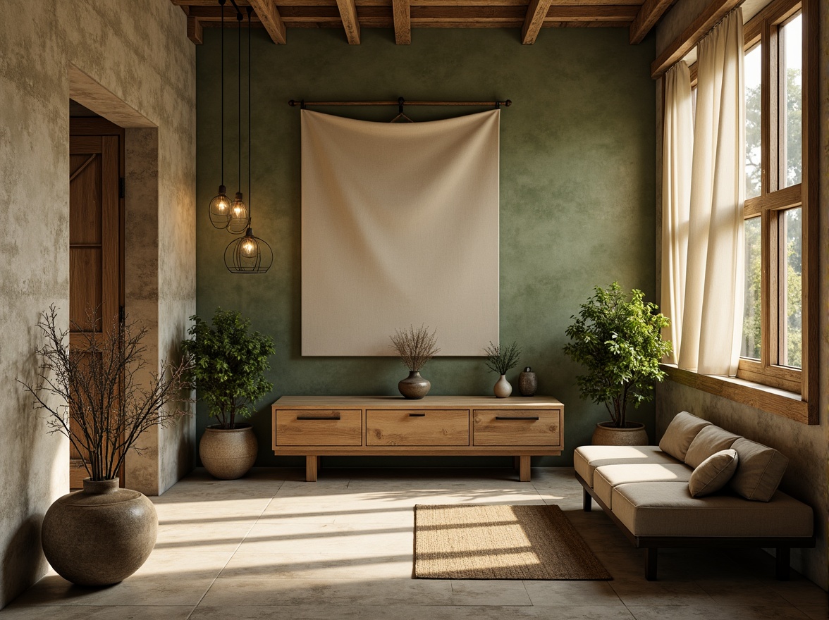 Prompt: Earthy olive tones, muted sage greens, warm beige backgrounds, rustic wooden accents, natural linen textures, vintage metal fixtures, distressed stone walls, soft misty lighting, 3/4 composition, warm atmospheric perspective, realistic earthy materials, ambient occlusion.