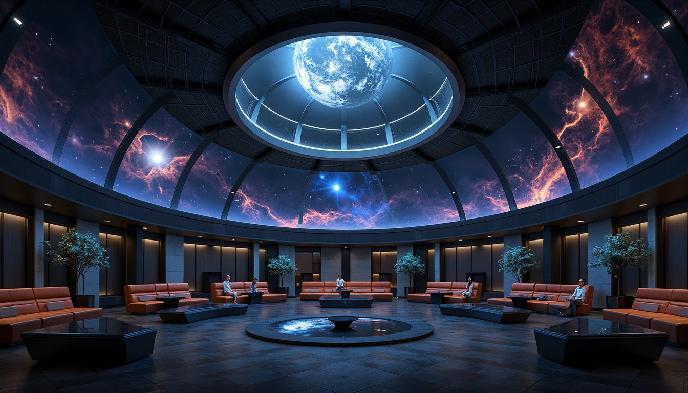 Prompt: Cosmic planetarium, sleek metal dome, minimalist interior, dark starry night sky, vibrant nebulae projections, 3D astronomical visualizations, futuristic seating, polished chrome accents, glass floors, ambient LED lighting, shallow depth of field, 1/1 composition, realistic textures, atmospheric sound effects, international style architecture, brutalist concrete structures, geometric patterns, neutral color palette, functional minimalist design.