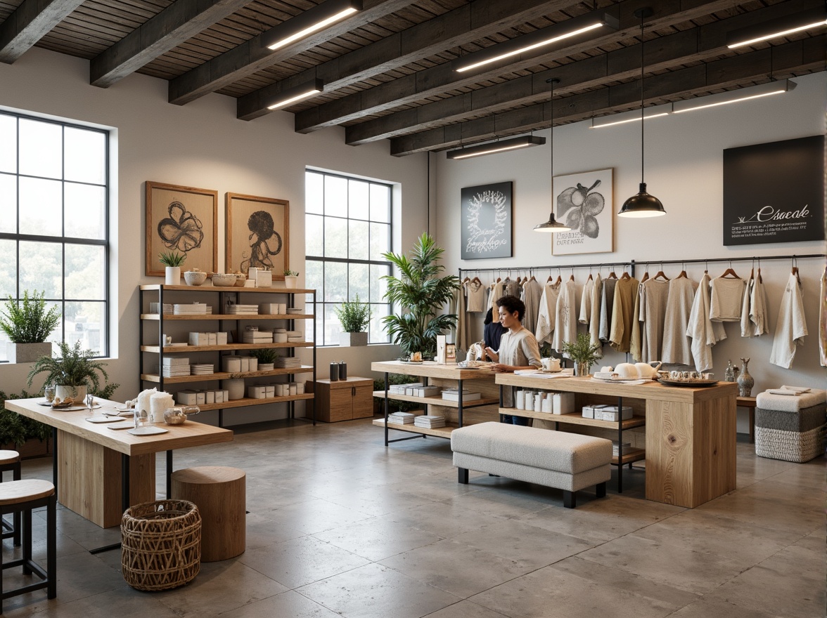 Prompt: Minimalist marketplace, neutral color palette, natural light, raw concrete floors, industrial metal beams, reclaimed wood accents, woven textiles, geometric patterns, earthy tones, subtle branding, modern signage, sleek shelving, monochromatic displays, softbox lighting, shallow depth of field, 3/4 composition, realistic textures, ambient occlusion.