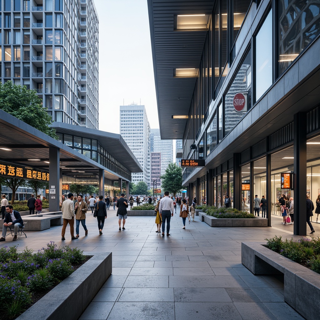 Prompt: Modern bus station, sleek metal framework, durable glass walls, energy-efficient roofing, sustainable building materials, recycled plastic benches, weather-resistant signage, concrete flooring, stainless steel handrails, vibrant LED lighting, urban cityscape, busy street activity, natural stone accents, angular architecture, minimalist design, functional layout, efficient traffic flow, clear wayfinding signs, comfortable waiting areas, shaded outdoor spaces, misting systems, futuristic aesthetic.