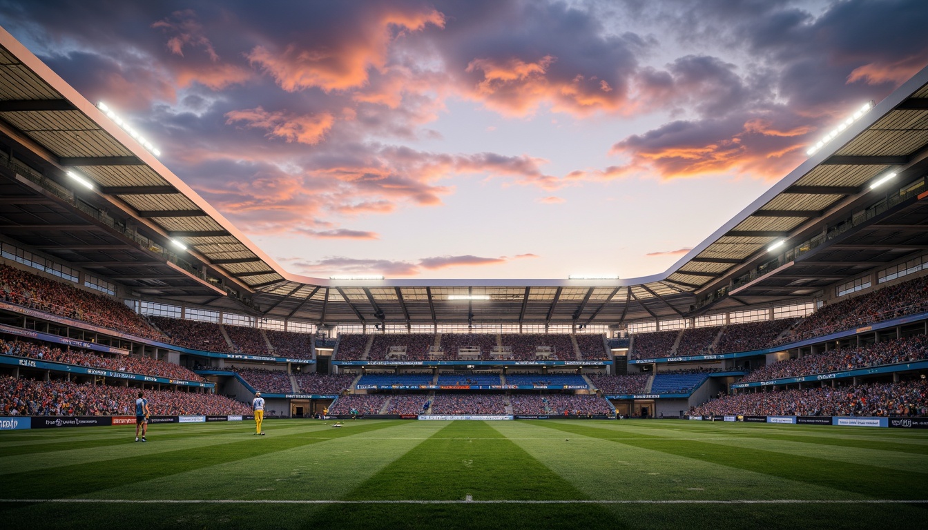 Prompt: Large football stadium, retractable roof, lightweight membrane structures, tensioned fabric panels, sleek steel beams, cantilevered upper tiers, open-air concourses, vibrant team colors, natural grass playing field, athletic track surroundings, dynamic floodlighting, dramatic sunsets, 1/2 composition, low-angle shots, shallow depth of field, realistic crowd simulations.