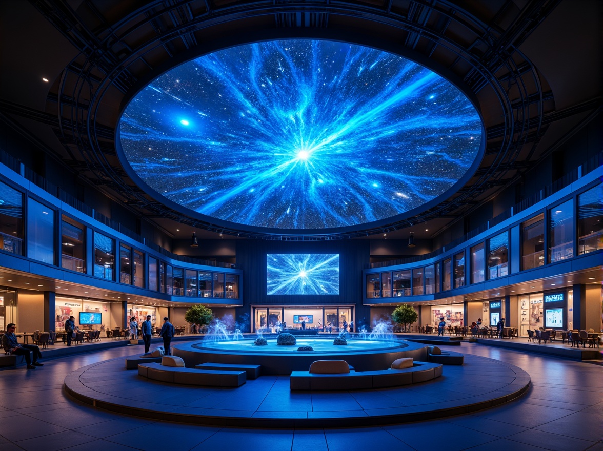 Prompt: Galactic planetarium, futuristic architecture, dome-shaped structure, sleek metal surfaces, ambient LED lighting, starry night sky projection, celestial body displays, astronomy-inspired exhibits, interactive kiosks, minimalist seating areas, dark blue tones, neon accents, soft diffused illumination, 1/1 composition, symmetrical framing, high-contrast highlights, realistic textures, atmospheric fog effects, shallow depth of field.