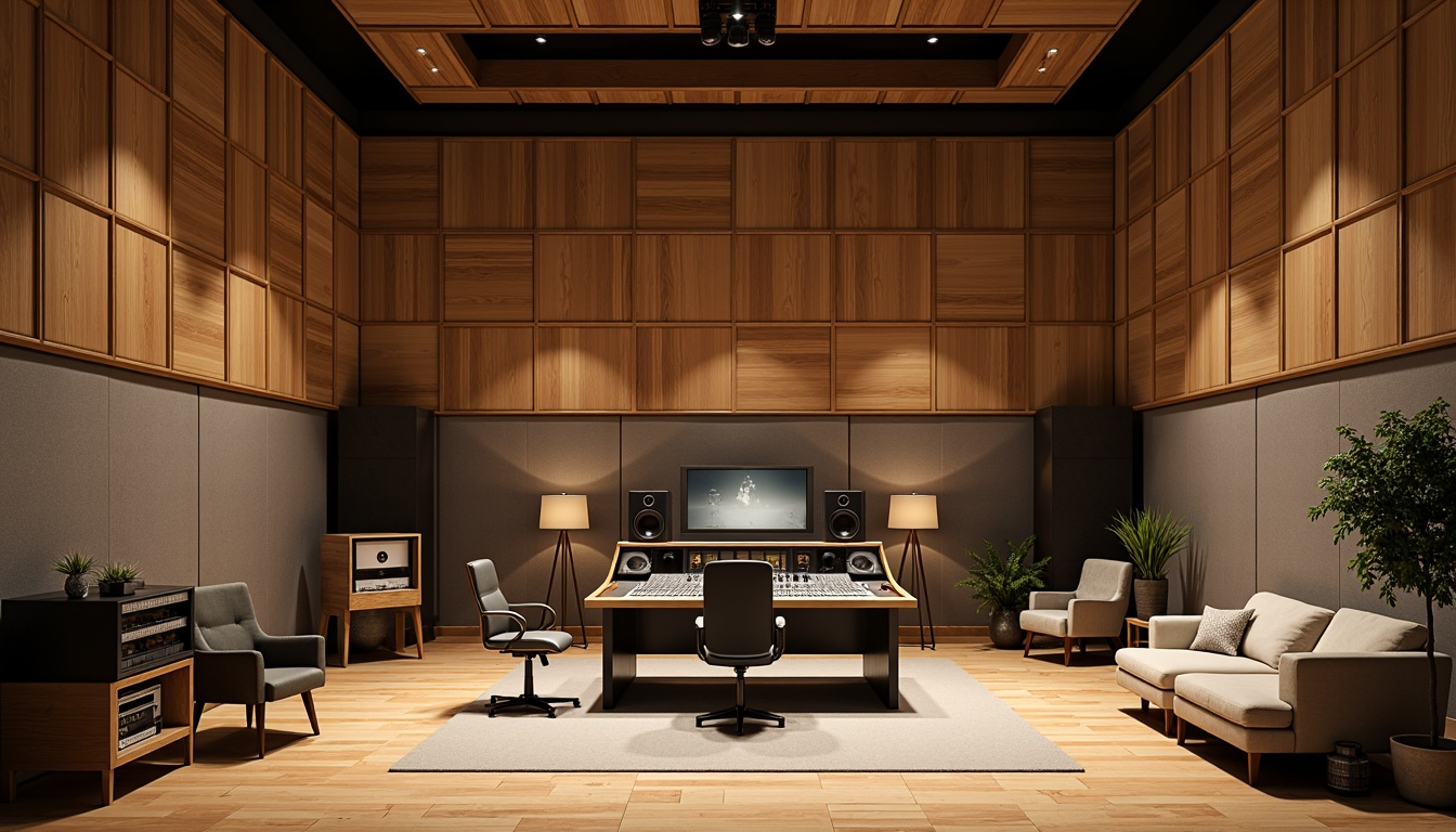 Prompt: Soundproof recording studio, wooden acoustic panels, diffusers, bass traps, high-ceiling space, natural wood flooring, sound-absorbing materials, fabric-covered walls, professional audio equipment, mixing console, microphones, headphones, comfortable seating area, dimmable LED lighting, 1/2 composition, softbox lighting, shallow depth of field, realistic textures.