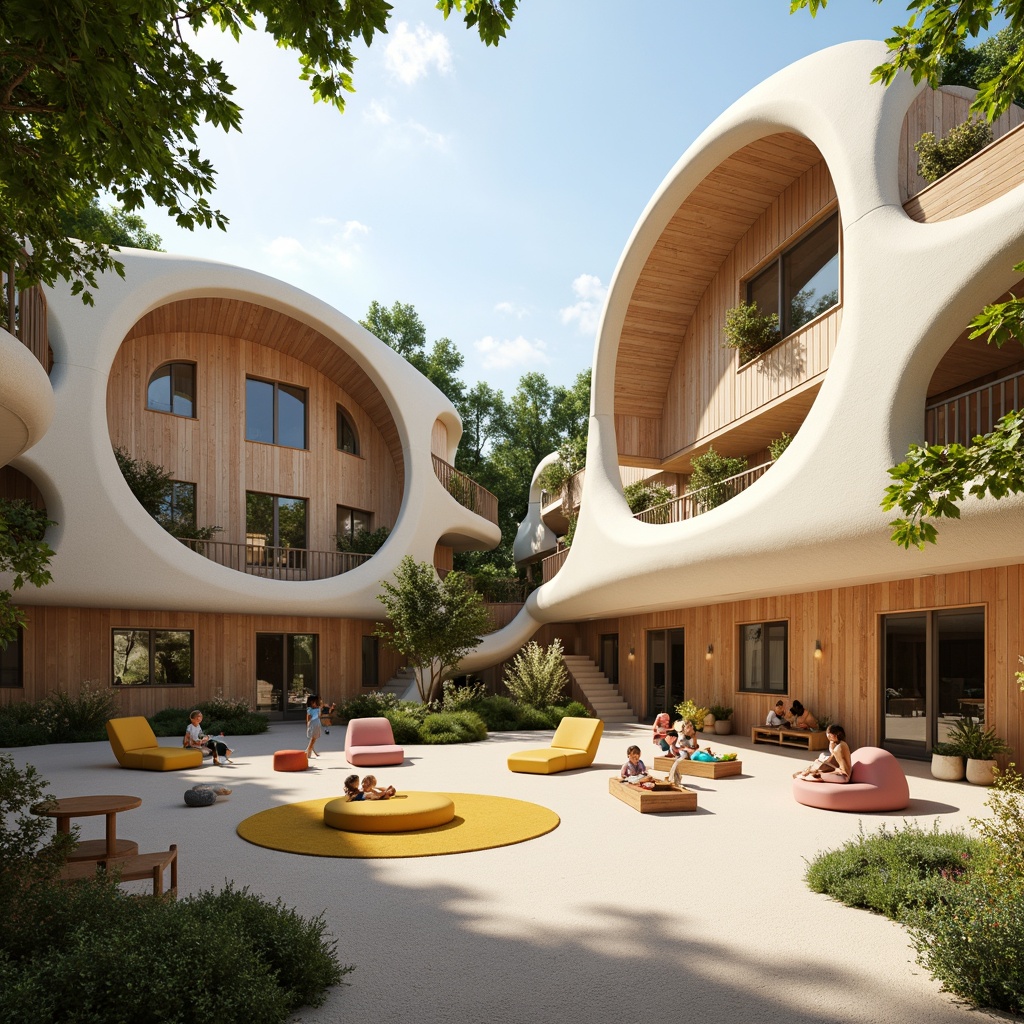 Prompt: Whimsical kindergarten building, curved organic shapes, soft pastel colors, natural wood accents, playful playground equipment, climbing walls, tunnels, ball pits, sensory stimulation areas, cozy reading nooks, flexible seating arrangements, abundant greenery, living walls, vertical gardens, warm sunlight filtering, gentle breezy atmosphere, shallow depth of field, 1/2 composition, panoramic view, realistic textures, ambient occlusion.