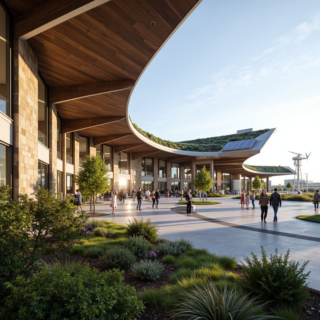 Prompt: Curved airport terminal, organic forms, natural stone cladding, wooden accents, green roof systems, lush vegetation, solar panels, wind turbines, sustainable energy solutions, large glass windows, panoramic views, soft warm lighting, shallow depth of field, 3/4 composition, realistic textures, ambient occlusion, modern architecture, innovative materials, futuristic design, aerodynamic lines, vibrant colors, dynamic patterns, bustling atmosphere, international travel scene.