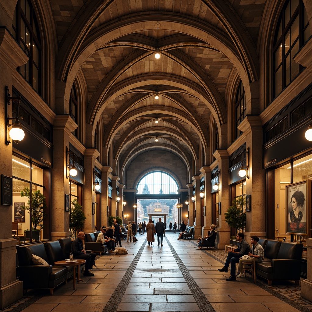 Prompt: Rustic metro station, medieval-inspired architecture, robust stone masonry, arched ceilings, thick columns, ornate carvings, grandiose entrances, detailed stonework, earthy color palette, warm ambient lighting, dramatic shadows, high-contrast textures, imposing structural elements, intricate brick patterns, Romanesque Revival style, ornamental metalwork, decorative tile flooring, lavish furnishings, urban underground setting, busy commuter atmosphere, soft natural light, subtle camera movements, cinematic composition.