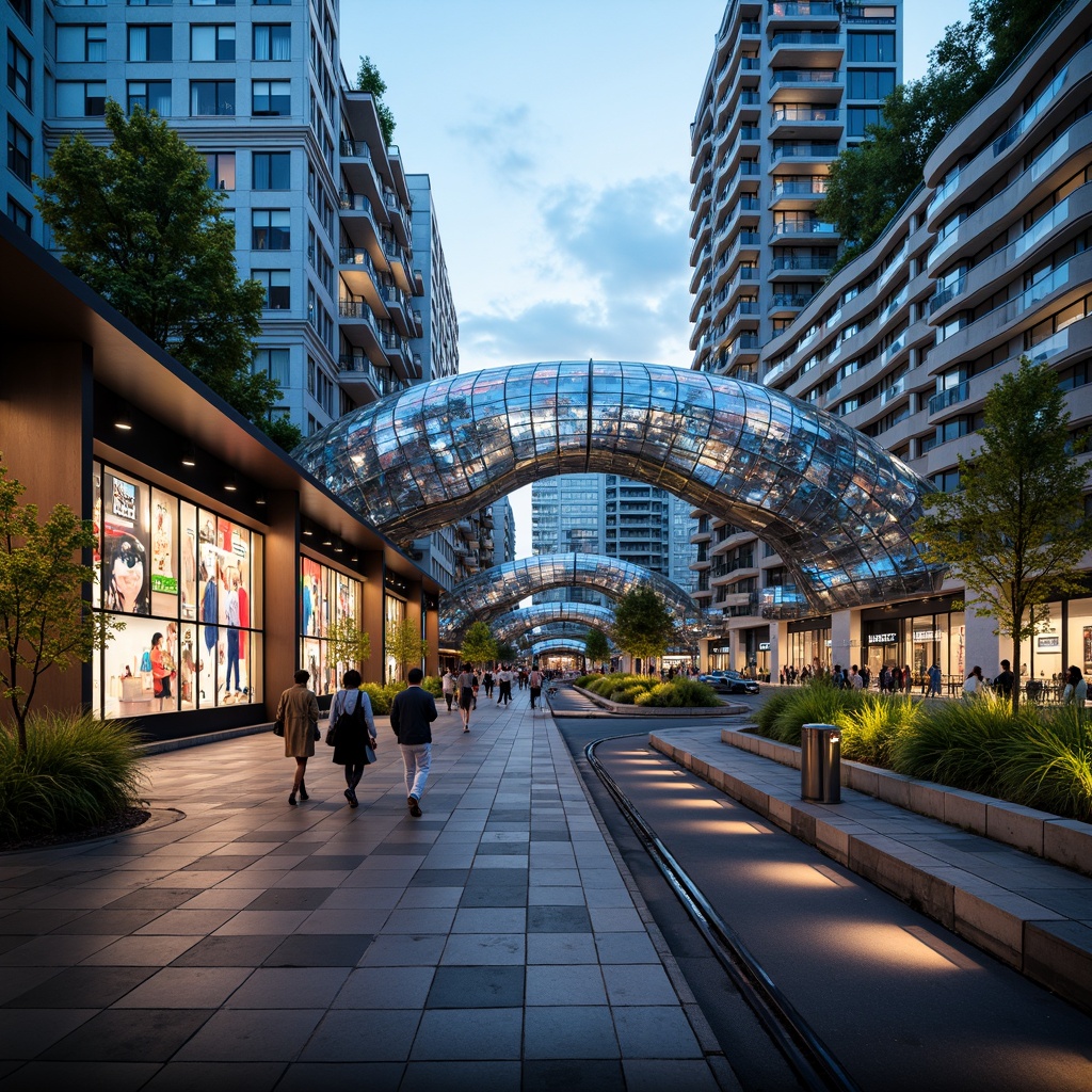 Prompt: Futuristic tram station, curved glass roofs, iridescent metal panels, holographic advertisements, neon-lit pedestrian tunnels, cantilevered platforms, dynamic LED lighting, translucent concrete walls, eco-friendly recyclable materials, sustainable energy harvesting systems, green roofs, urban oasis, bustling cityscape, morning rush hour, shallow depth of field, 1/1 composition, cinematic angle shots, high-contrast dramatic lighting.