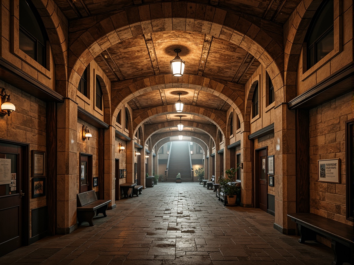 Prompt: Romanesque Revival metro station, rustic stone walls, arched ceilings, grandiose columns, ornate carvings, richly textured stonework, warm earthy tones, vintage lanterns, intricate ironwork, industrial-era machinery, exposed brick tunnels, rugged concrete floors, distressed wooden beams, atmospheric misting, soft warm lighting, dramatic shadows, 1/2 composition, symmetrical framing, realistic stone textures, ambient occlusion.