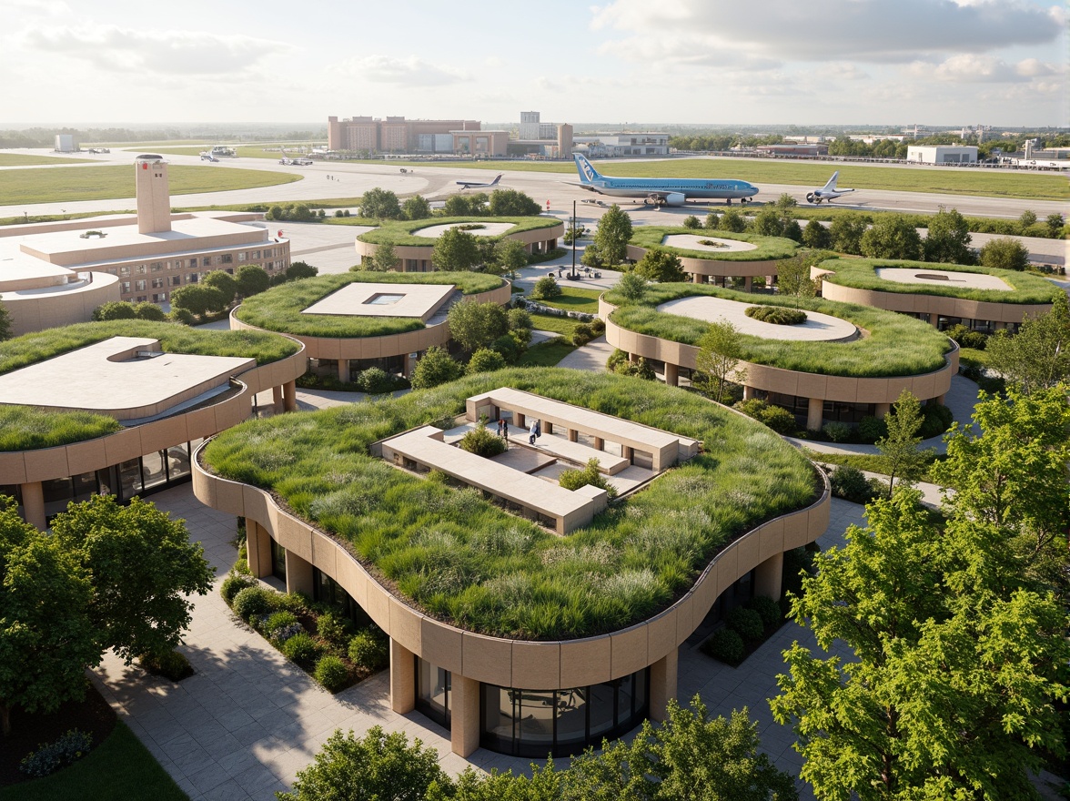 Prompt: Lush green roofs, natural ventilation systems, solar panels, rainwater harvesting, organic curves, sustainable building materials, large windows, natural light, open spaces, minimal carbon footprint, eco-friendly design, airport terminals, modern architecture, subtle texture variations, ambient occlusion, warm color palette, shallow depth of field, 3/4 composition, panoramic view.