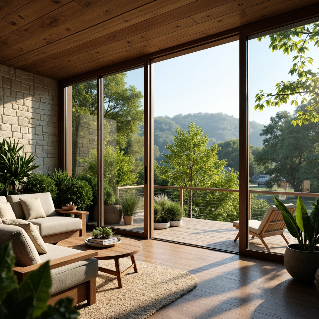 Prompt: Vibrant living room, floor-to-ceiling windows, sliding glass doors, natural stone walls, wooden floors, minimalist decor, abundant greenery, lush plants, warm sunny day, soft diffused lighting, shallow depth of field, 1/1 composition, panoramic view, realistic textures, ambient occlusion.