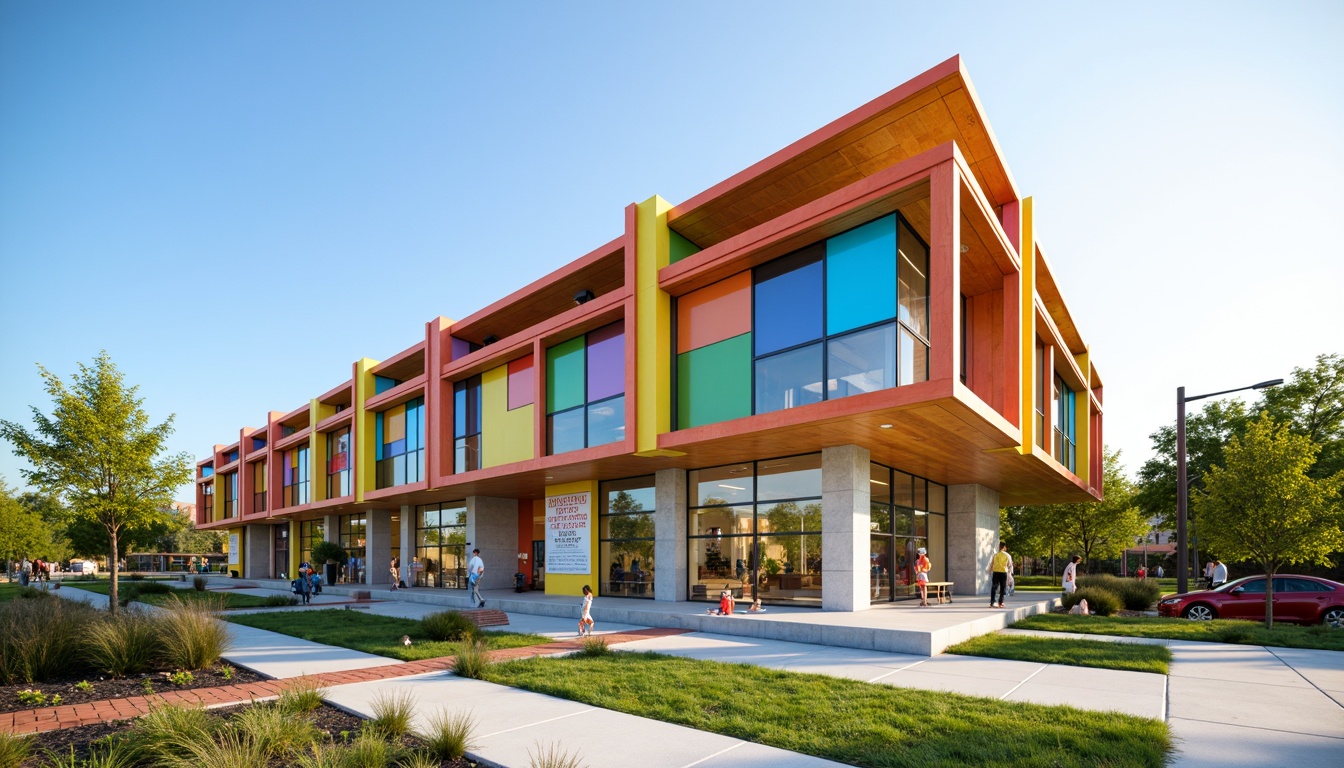 Prompt: Vibrant elementary school facade, bold color blocks, playful geometric patterns, cantilevered rooflines, oversized windows, sliding glass doors, exposed steel beams, natural wood accents, interactive outdoor spaces, educational signage, eco-friendly materials, energy-efficient systems, green roofs, solar panels, wind turbines, modern structuralism, abstract shapes, dynamic forms, futuristic aesthetic, bright sunny day, soft warm lighting, shallow depth of field, 3/4 composition, panoramic view, realistic textures, ambient occlusion.