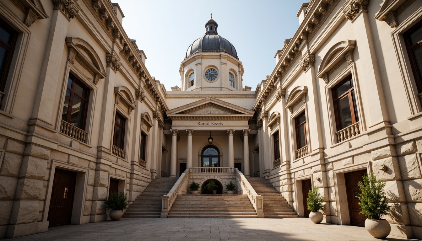 Prompt: Grand courthouse building, neoclassical facade, imposing columns, ornate capitals, rusticated stone walls, symmetrical composition, grand staircase, intricately carved wooden doors, bronze door handles, majestic clock tower, dome-shaped roof, subtle pediments, classic Roman arches, ornamental cornices, weathered stone textures, soft warm lighting, shallow depth of field, 1/1 composition, realistic materials, ambient occlusion.