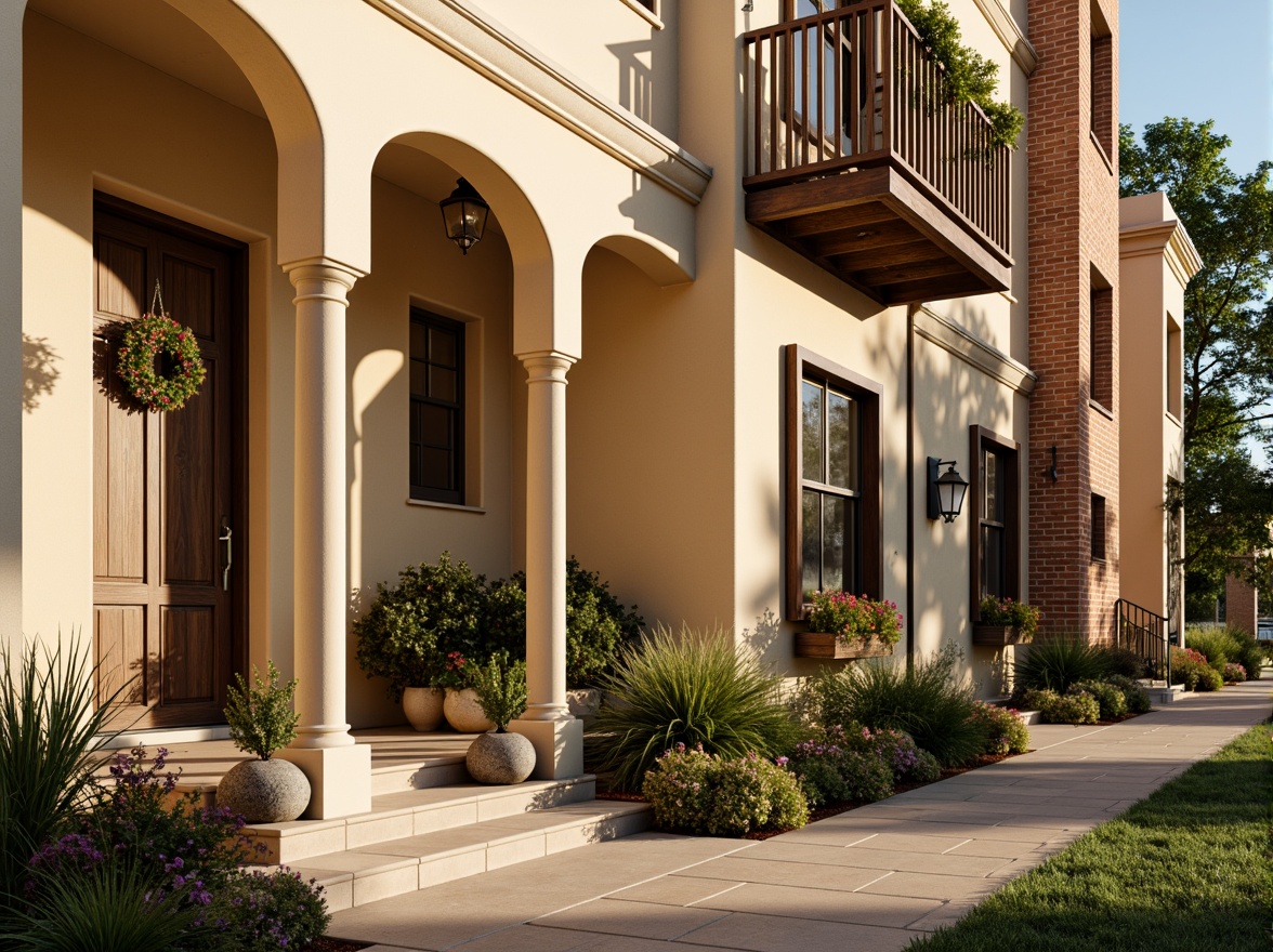 Prompt: Warm beige facades, soft creamy columns, ornate cornices, elegant archways, vintage lanterns, rustic brick walls, cozy balconies, lush greenery, vibrant flower boxes, classic Romanesque details, earthy tone sidewalks, tranquil atmosphere, warm afternoon sunlight, shallow depth of field, 1/1 composition, realistic textures, ambient occlusion.Let me know if you need any adjustments!