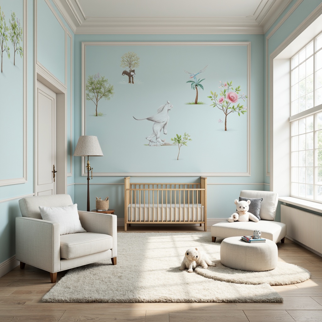 Prompt: Soft baby blue walls, creamy white trim, gentle curved lines, whimsical nursery rhyme-inspired murals, delicate lace patterns, pale wooden furniture, plush area rugs, calming natural light, airy open spaces, minimalist decor, subtle sparkle accents, soothing pastel hues, serene atmosphere, shallow depth of field, 1/1 composition, warm soft focus, realistic textures.