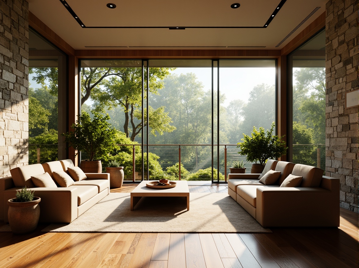 Prompt: Vibrant living room, floor-to-ceiling windows, natural stone walls, wooden flooring, comfortable sofas, greenery views, soft warm lighting, morning sunlight, gentle shadows, 1/1 composition, realistic textures, ambient occlusion, subtle color palette, earthy tone, minimalist decor, modern furniture, sleek lines, functional layout, cozy atmosphere, relaxed ambiance.