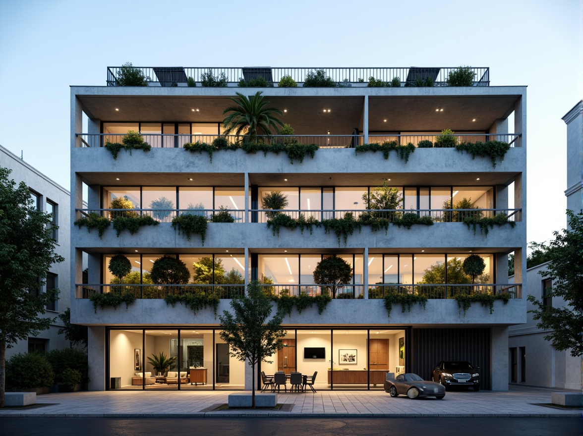 Prompt: Elegant building facade, modern minimalist aesthetic, clean lines, neutral color palette, large glass windows, metallic frames, cantilevered rooflines, green walls, living walls, vertical gardens, energy-efficient systems, solar panels, LED lighting, ambient illumination, soft warm glow, 1/2 composition, shallow depth of field, realistic textures, subtle reflections.