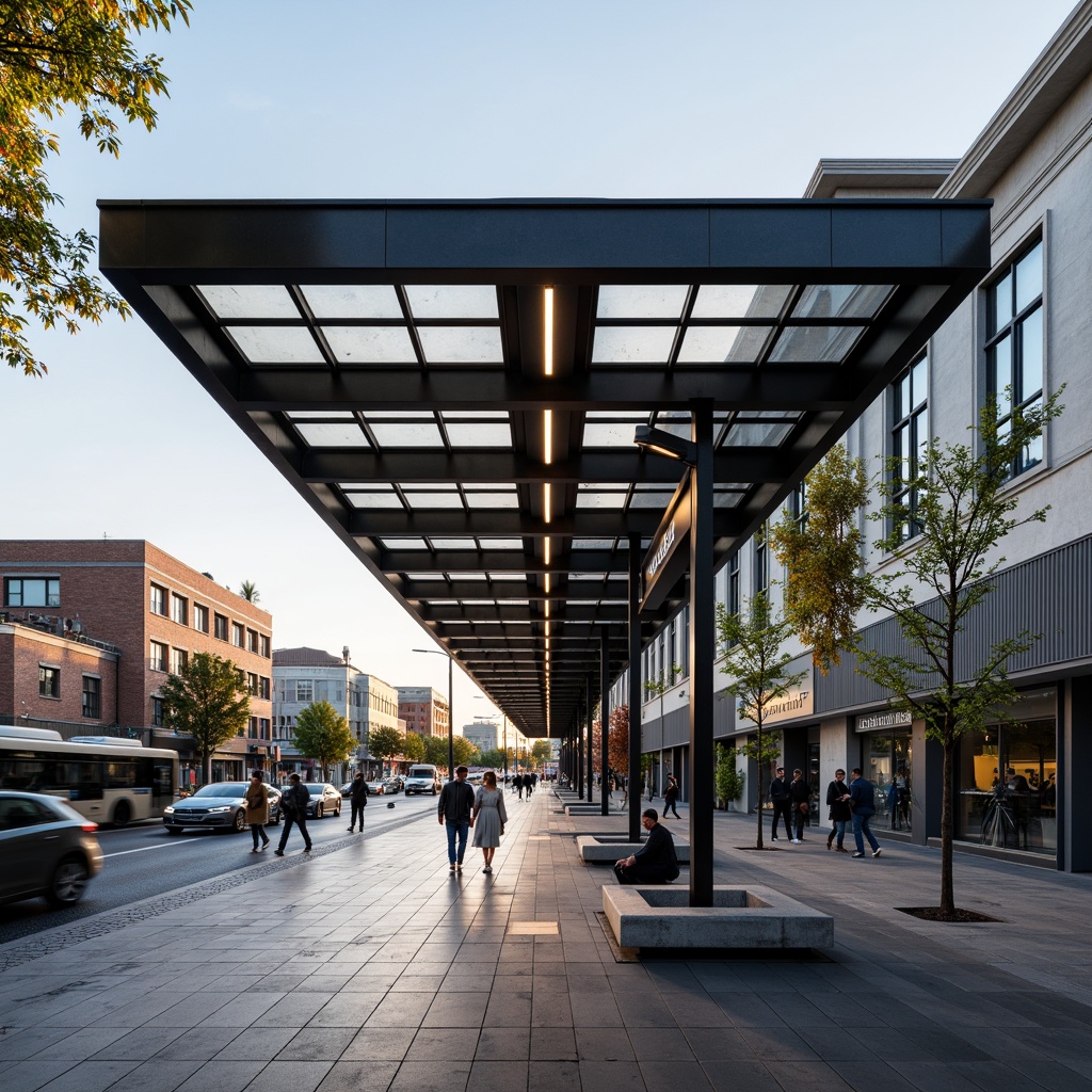 Prompt: Modern bus station, sleek metal framework, glass roofing, energy-efficient LED lighting, durable concrete flooring, stainless steel benches, vandal-resistant signage, green roofs, rainwater harvesting systems, natural ventilation, minimalistic design, angular lines, cantilevered canopies, exposed ductwork, urban landscape, busy streets, morning commute, soft warm lighting, shallow depth of field, 3/4 composition, realistic textures, ambient occlusion.