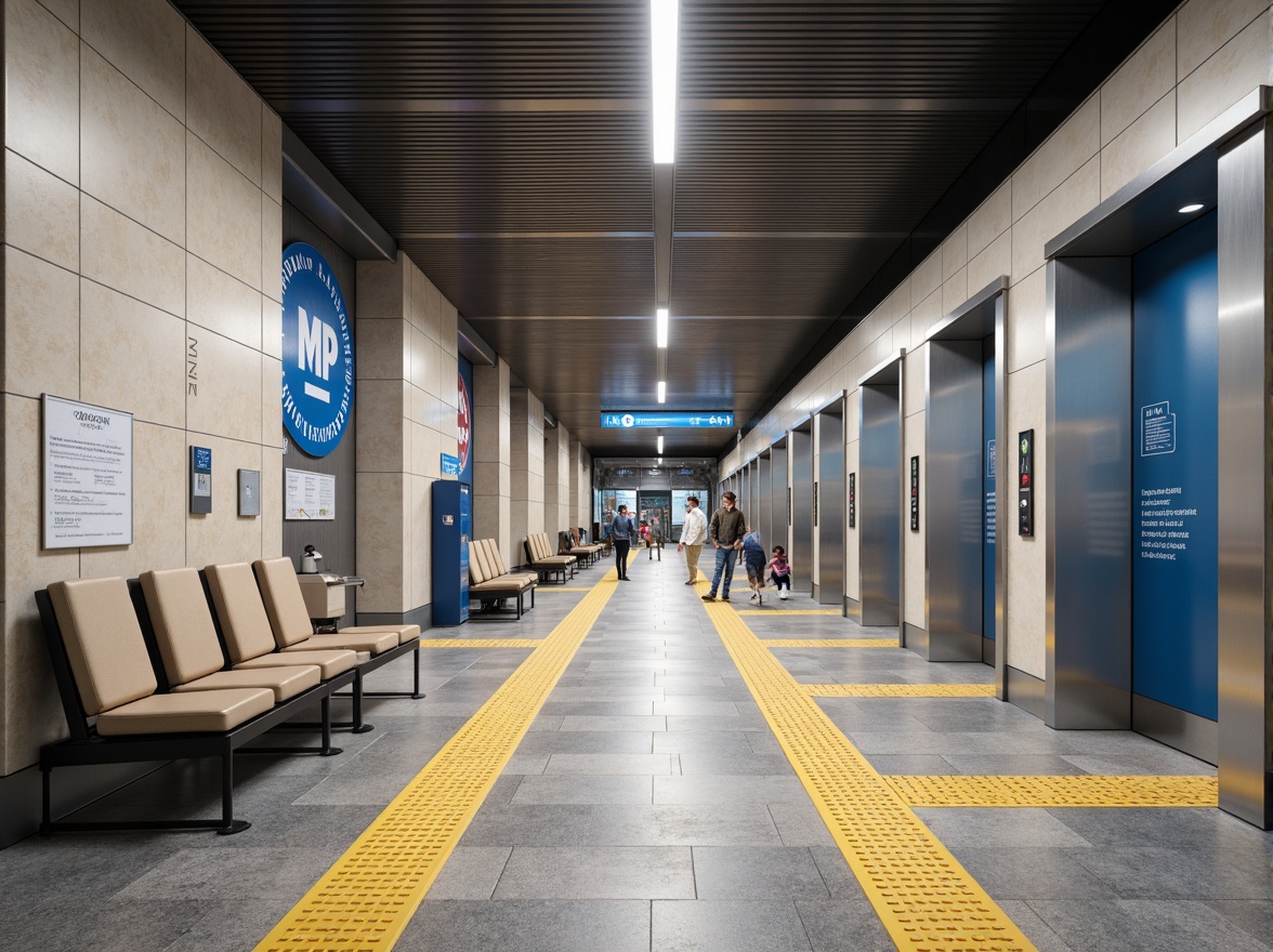 Prompt: Accessible tram station, gentle ramps, wide platforms, tactile guidance paths, audio announcements, Braille signage, wheelchair-accessible gates, elevators with Braille buttons, ample seating areas, clear wayfinding signs, natural stone flooring, modern minimalist architecture, bright LED lighting, shallow depth of field, 3/4 composition, panoramic view, realistic textures, ambient occlusion.